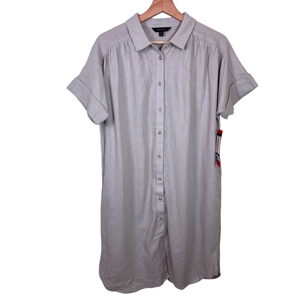 Well Worn Medium‎ Linen Blend Shirt Dress Button Down Short Cuff Sleeve - NWT